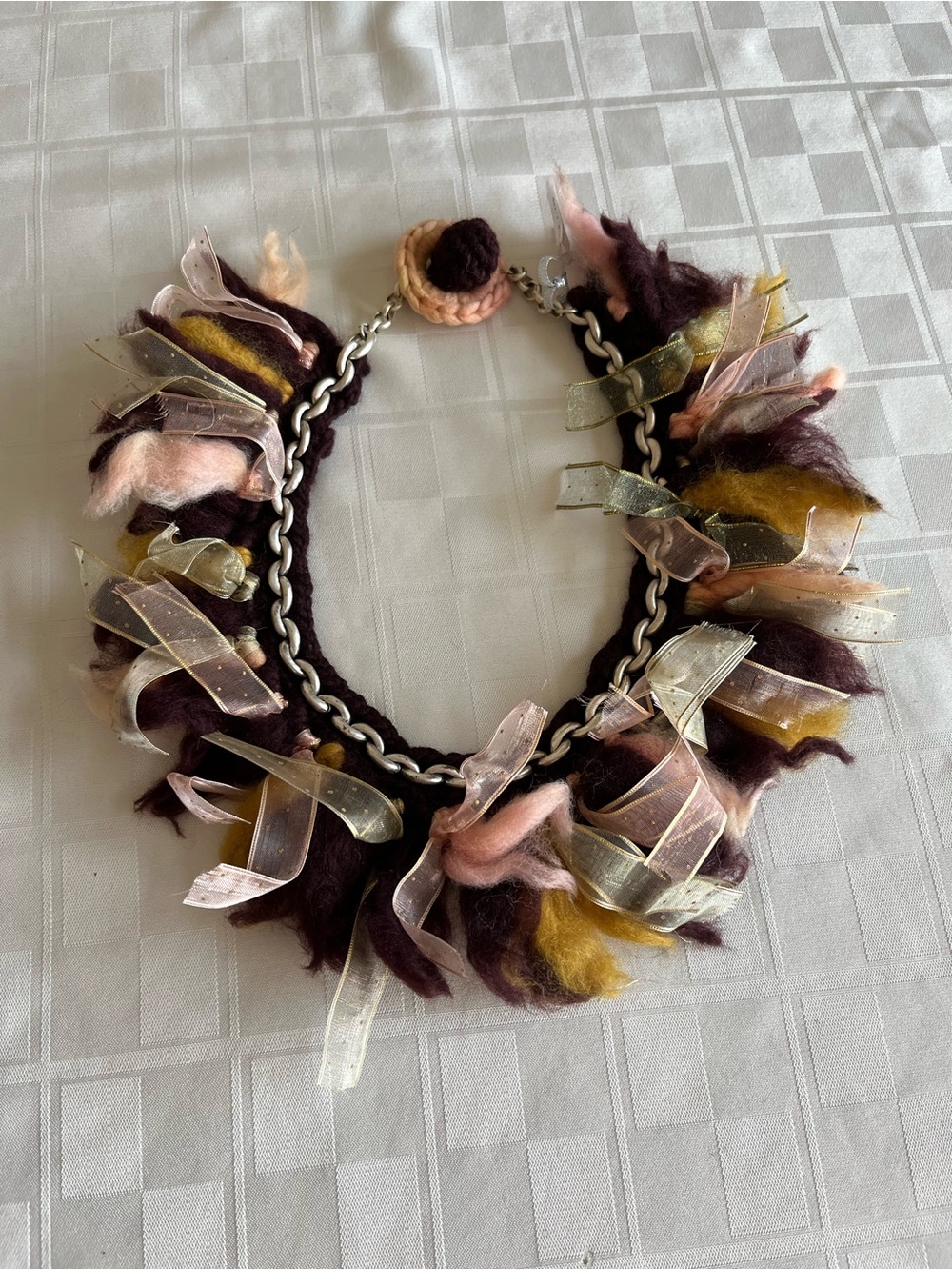 Handcrafted Multicolor Wool & Ribbon Statement Necklace